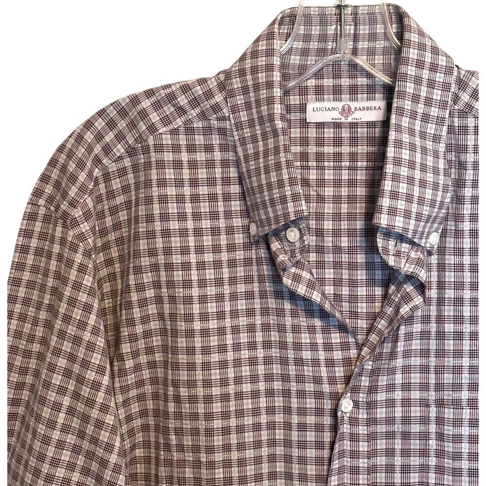 Luciano Barbera Vintage Plaid Shirt Mens XL Brown Button Cotton Preppy Italy